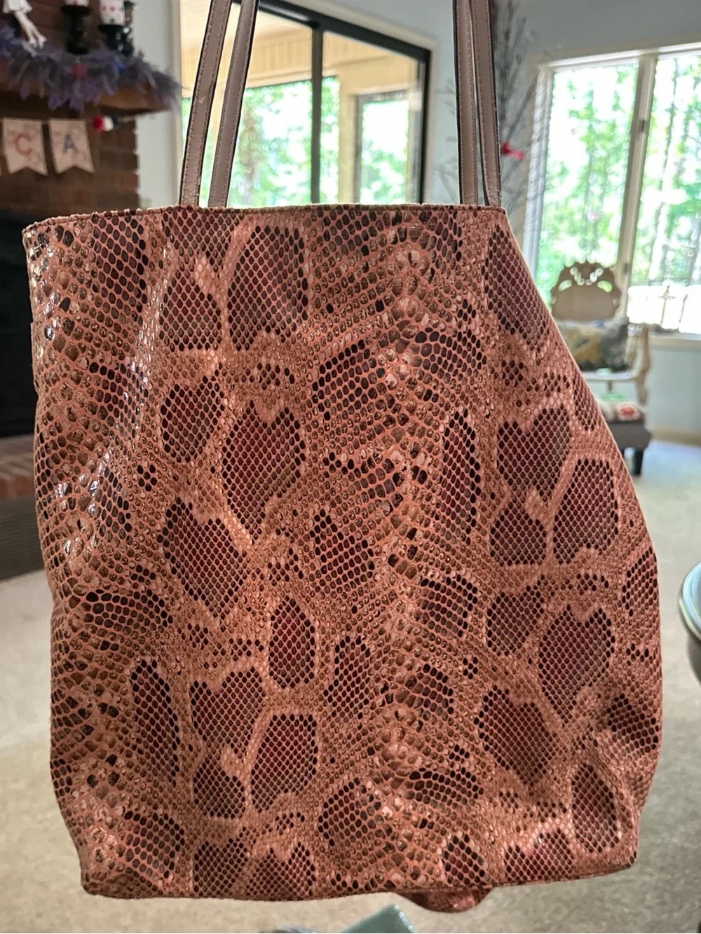 Sorial peach brown vegan leather tote bag w/zippered pouch